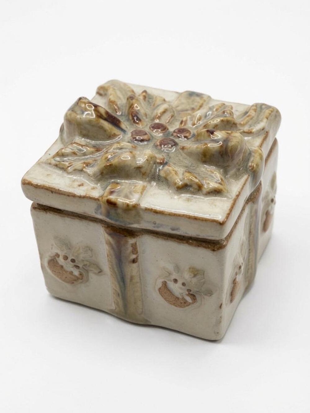Vintage Ceramic Trinket Box | Flower Relief, Speckled Glaze, Co-Op